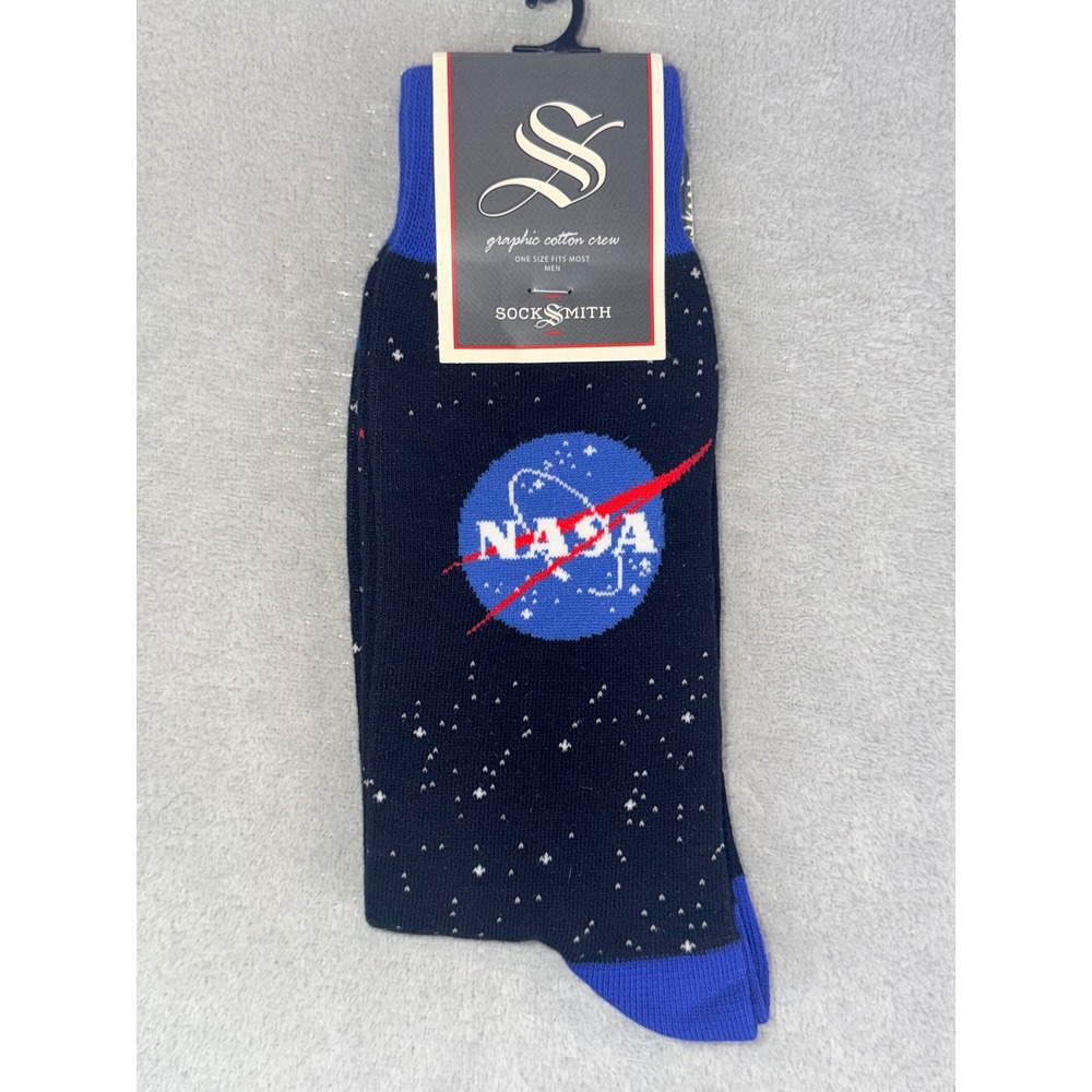 Socksmith Mens 10-13 NASA Logo Graphic Cotton Crew‎ Socks Black Blue Space